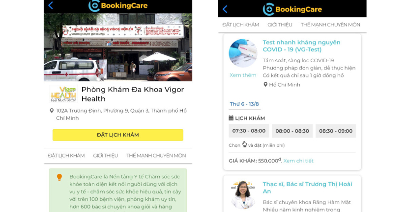 Chọn bác sĩ vigor health trên app bookingcar