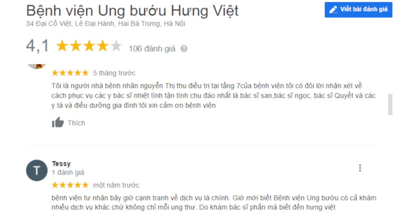 Đánh giá của bệnh nhân thăm khám tại Bệnh viện Hưng Việt